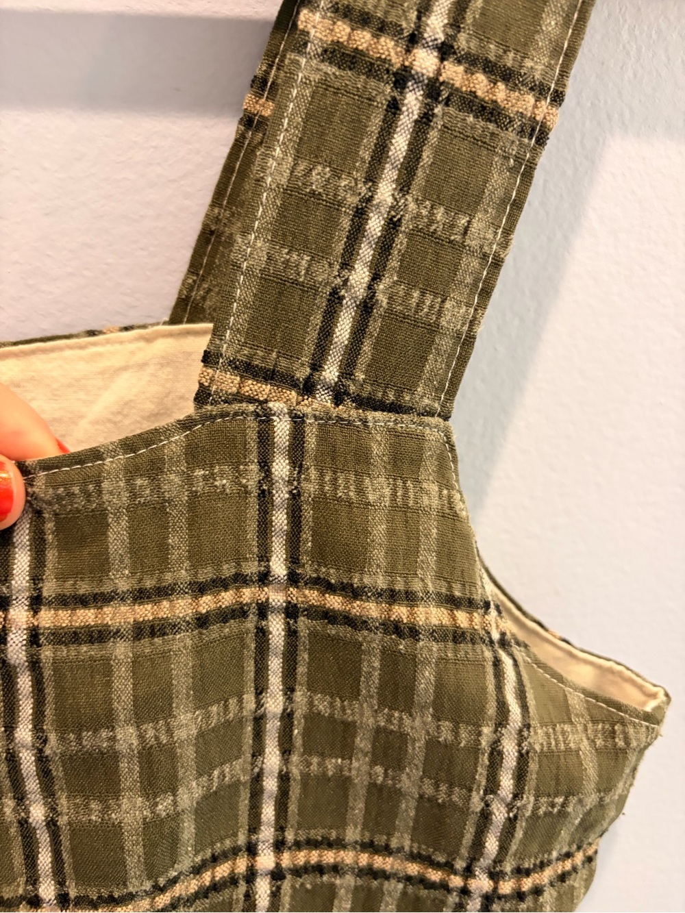 Handmade Cotton Plaid Olive Green Square-Neck A-Line Skater Dress - Picture 3 of 7